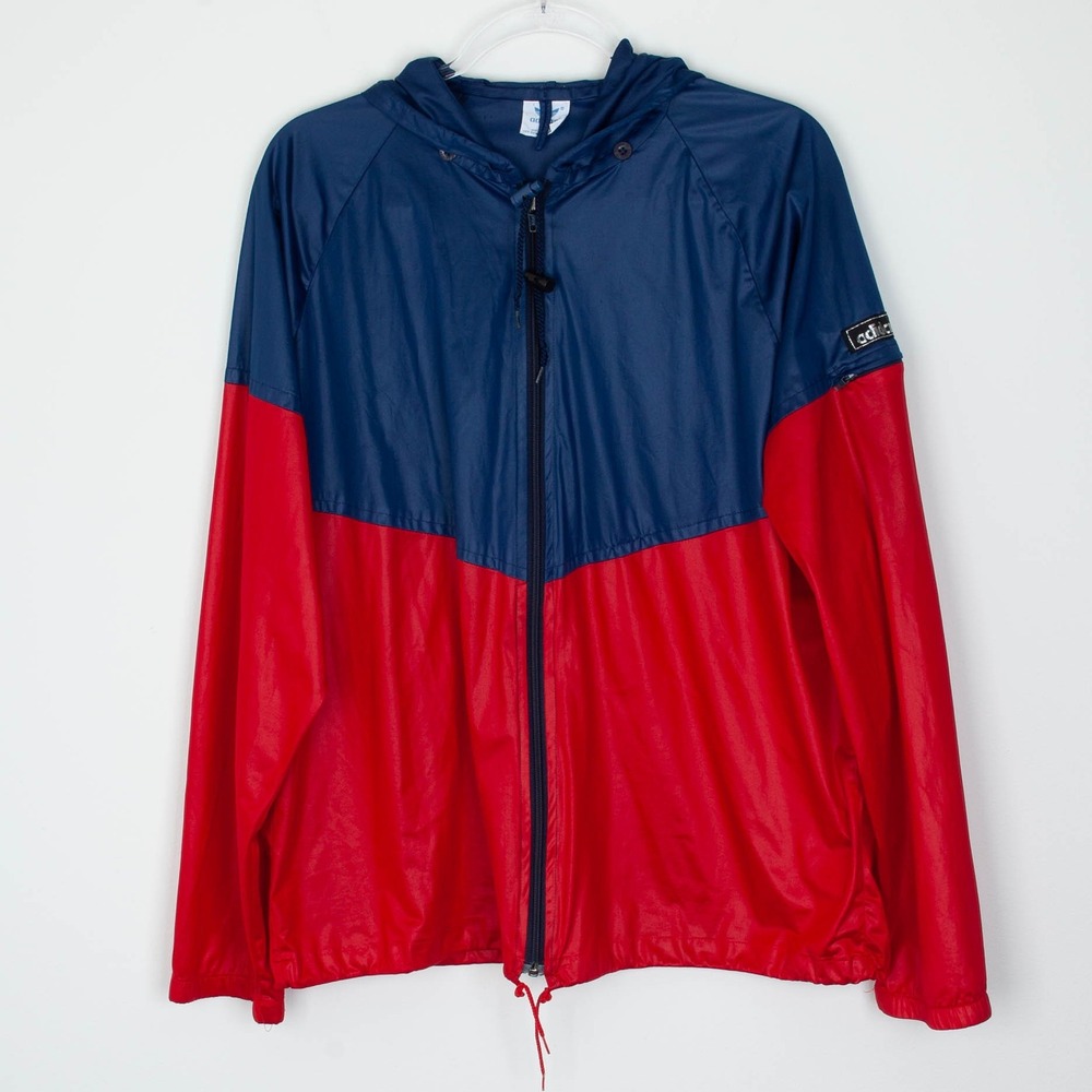 Vintage Adidas Mens Full Zip Windbreaker Jacket‎ L Blue Red Hood Packable Y2K